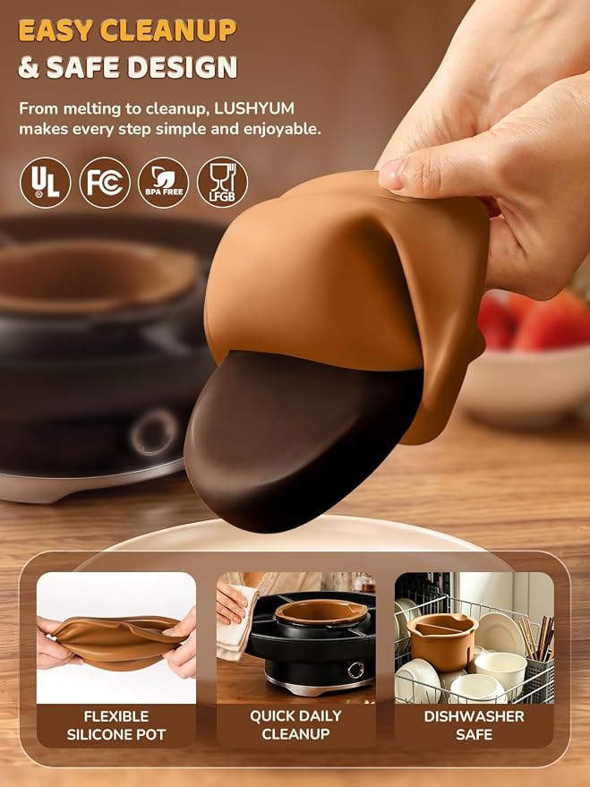 Electric Chocolate Fondue Set, 4-Cup Chocolate, Rotating Tray | Melt & Warm Modes, Dual Silicone Inserts, 6 Color-Coded Forks, Easy-Clean, Ideal for Candy Melts, Movie Night, Game Night