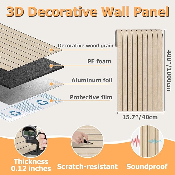 Arthome Peel and Stick Slat Wall Panels 15.7 "x400,Self-Adhesive PVC Wood Grain Wallpaper Panel,3D Thick Faux Soundproof Backsplash Accent Wall Tile for Walls & Furniture (Beige- Coverage 43.6 Sq.ft)