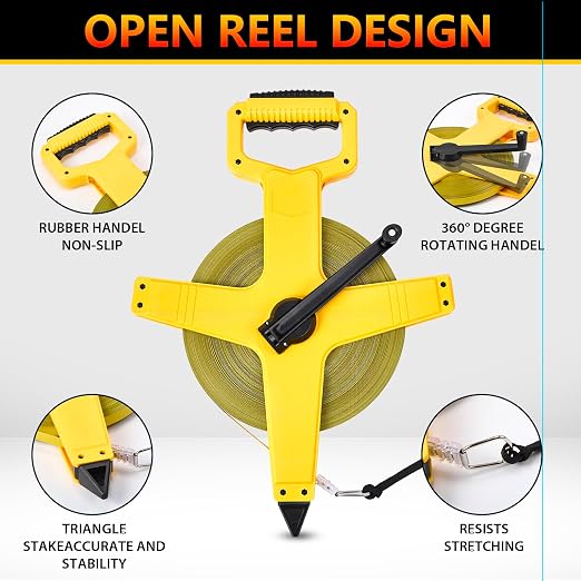 328ft/100m Open Reel Long Tape Measure, 1/2" Nylon-Coated Steel Blade, Dual Inch/Metric Scales, ABS Impact-Resistant Case for Construction, Surveying Light Yellow