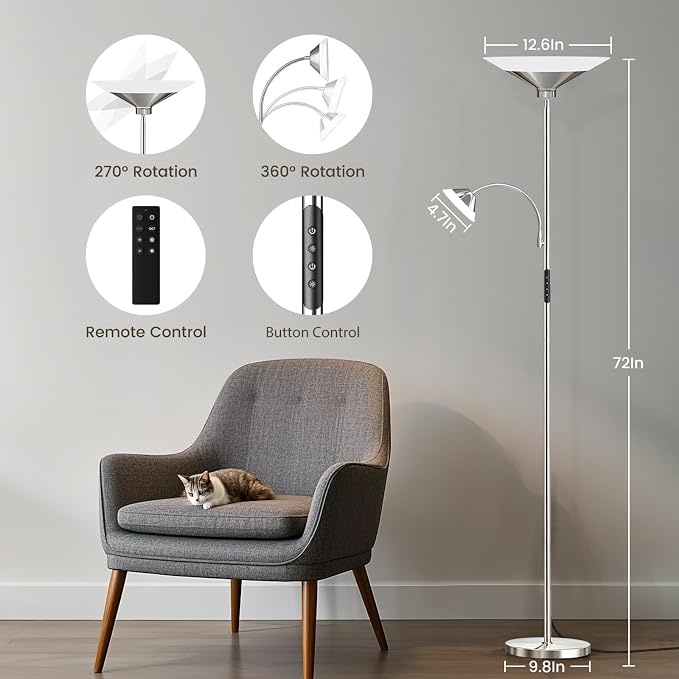 SIBRILLE Metallic Sliver Torchiere Floor Lamp, 2 Way 72'' Dimmable LED Standing lamp with Rmote, Multi Color Temps, 34W Tall Light with Independent Control for Living Room Bedroom Office Reading ﻿