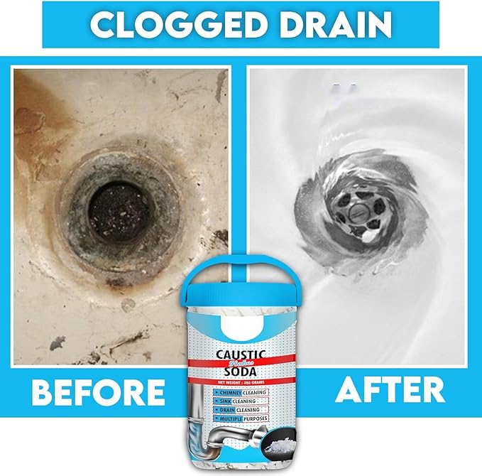 12.34oz Caustic Soda – Fast-Acting, Non-Toxic & Odorless Formula to Clear Blockages Instantly – Unblock Clogged Sinks & Pipes with Chimney & Drain Cleaner Flakes – 350 Grams