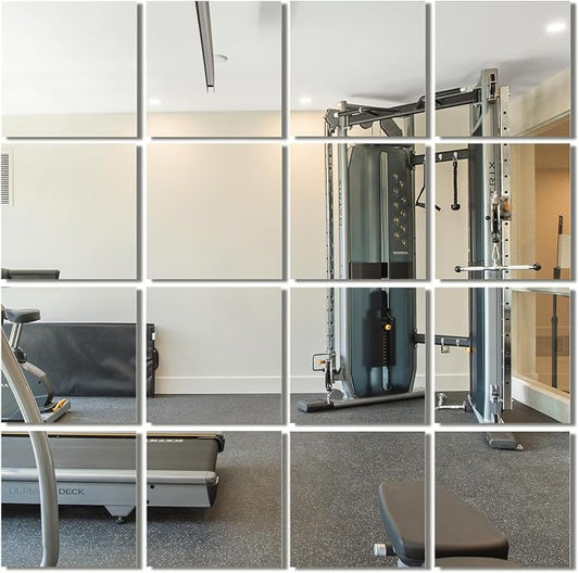 Delma Frameless Mirror Tiles 12"x10"x16 Pcs Wall Mounted | Shatter Resistant, Full Length, Tempered Glass Panels, For Home Gym Bathroom Bedroom & Living Room Decor