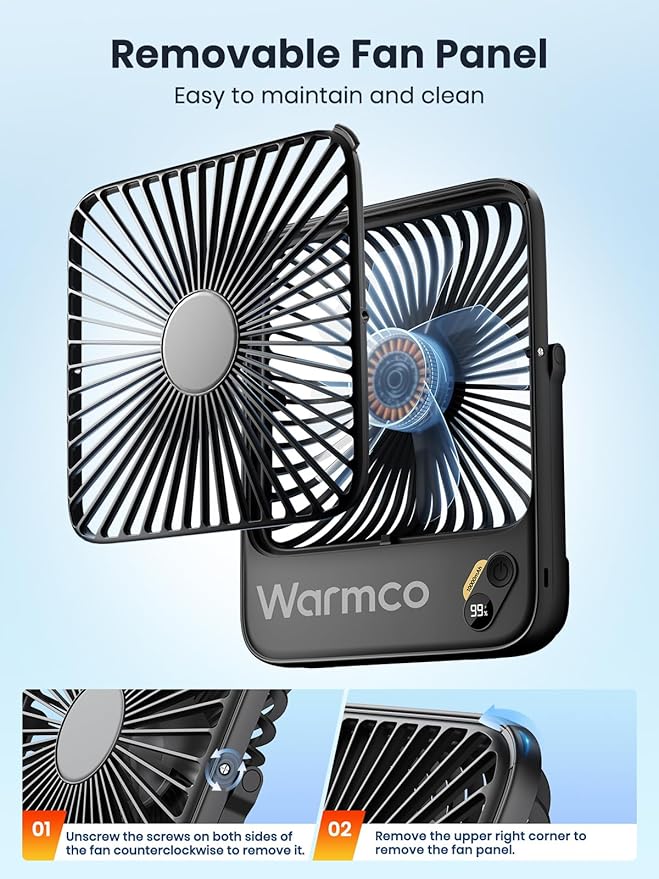 Warmco 10000mAh Portable Travel Fan 7-inch, Up to 24H Runtime, Ultra-thin Quiet Rechargeable Battery Operated Desk Fan with Digital Display for Camping, Office, Bedroom, Cruise Essentials