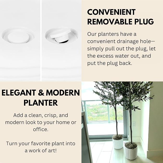 Fox & Fern Large Indoor Planter, Modern Large Plant Pot for Indoor or Outdoor, UV and Frost Resistant - 12 inch, Matte White Flower Pot with Drainage Plug, 3D Printed Design