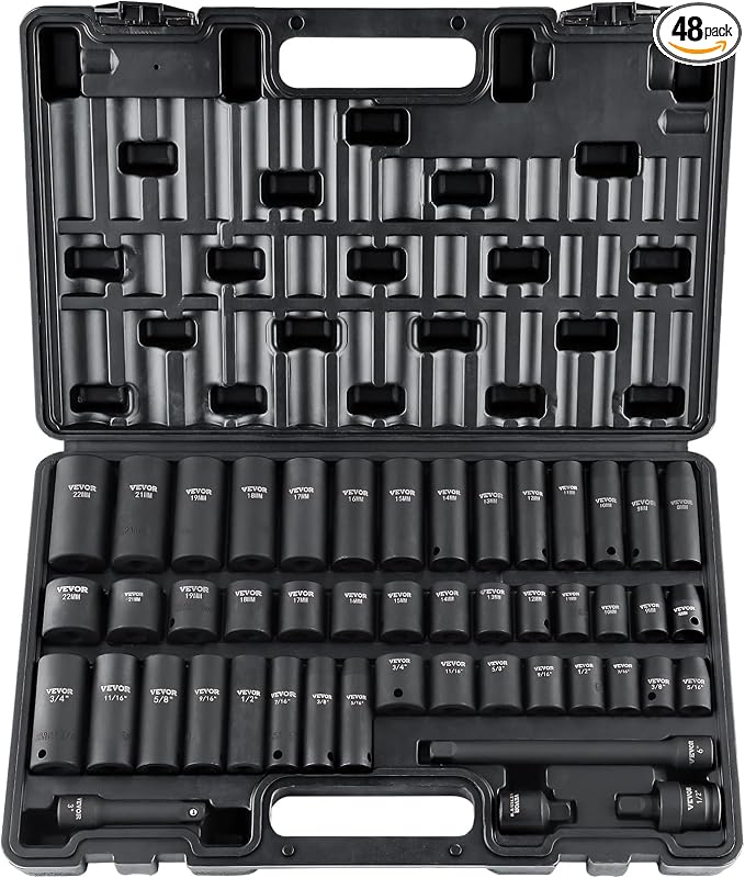 VEVOR Impact Socket Set 3/8" Drive, 48-Piece Standard SAE (5/16 to 3/4 inch) & Metric (8 to 22 mm) Size, Deep & Shallow, 6 Point, CR-V, Extension Bar, Universal Joint, 1/2" F to 3/8" M Reducer