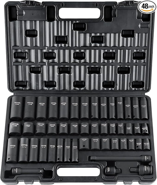 VEVOR Impact Socket Set 3/8" Drive, 48-Piece Standard SAE (5/16 to 3/4 inch) & Metric (8 to 22 mm) Size, Deep & Shallow, 6 Point, CR-V, Extension Bar, Universal Joint, 1/2" F to 3/8" M Reducer