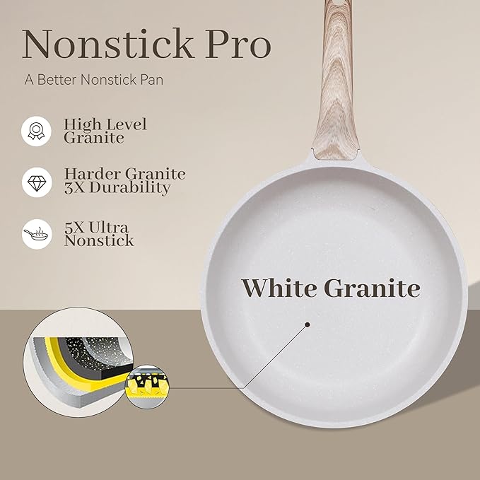 23Pcs Pots and Pans Set Non Stick, Kitchen Cookware Sets, Granite Induction Cookware Non Stick Cooking Set w/Frying Pans, Saucepans, Griddle, EggPan (White)