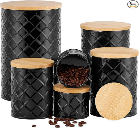 FavorFlavor Kitchen Storage Containers for Countertop Set of 6,Food Containers with Airtight Lids,Flour and Sugar Storage Containers,Black Canister Set for Coffee and Tea,Farmhouse Kitchen Decor