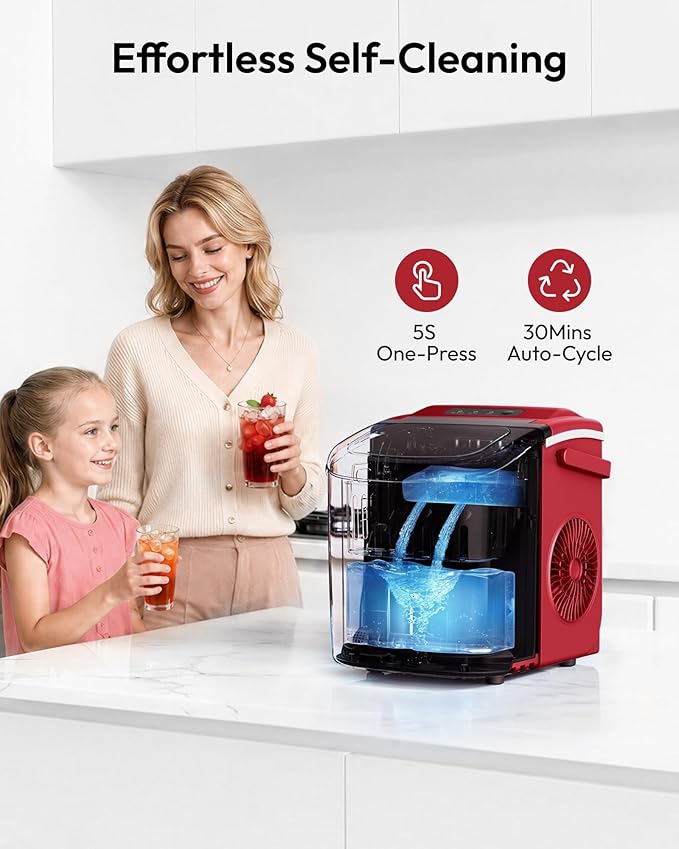 EUHOMY Countertop Ice Maker Machine with Handle, 26lbs Per Day, 9 Ice Cubes Ready in 6 Mins, Auto-Cleaning Portable Ice Maker with Basket and Scoop, for Home/Kitchen/Camping/RV (Red)