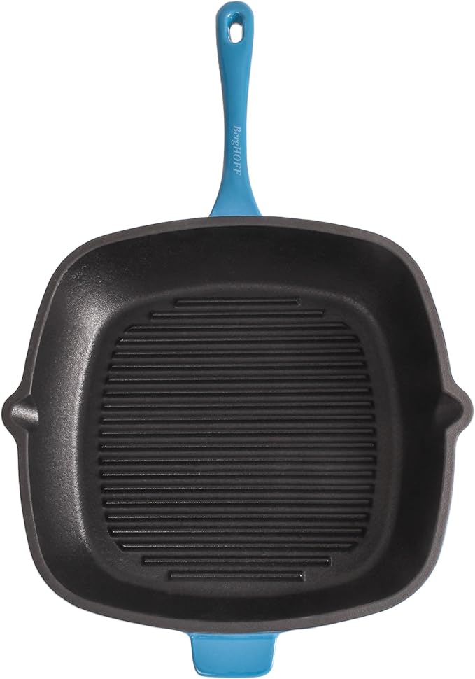 BergHOFF Neo 4Pc Enameled Cast Iron Cookware Set, Grill Pan 11 inches, Fry Pan 10 inches, 3qt. Dutch Oven, Matching Lid, Fast, Evenly Heat, Oven Safe (Blue)