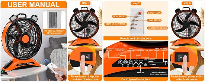 45000mAh Big Battery Powered Camping Fan, 12-Inch Blades Portable Rechargeable Outdoor Fan with LED Light, 3 Speeds Cordless Floor Fan with Remote and Timer for Garage, Patio, RV