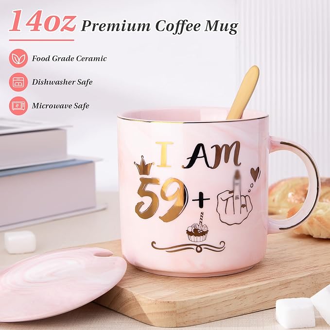 Funny 60th Birthday Coffee Mug for Women - 14oz Pink Marble Ceramic Mug, Playful Gold 59 Plus 1 Hand Design - Hilarious Turning 60 Year Old Gift for Mom, Sister, Best Friend, Wife, Neighbor, Colleague