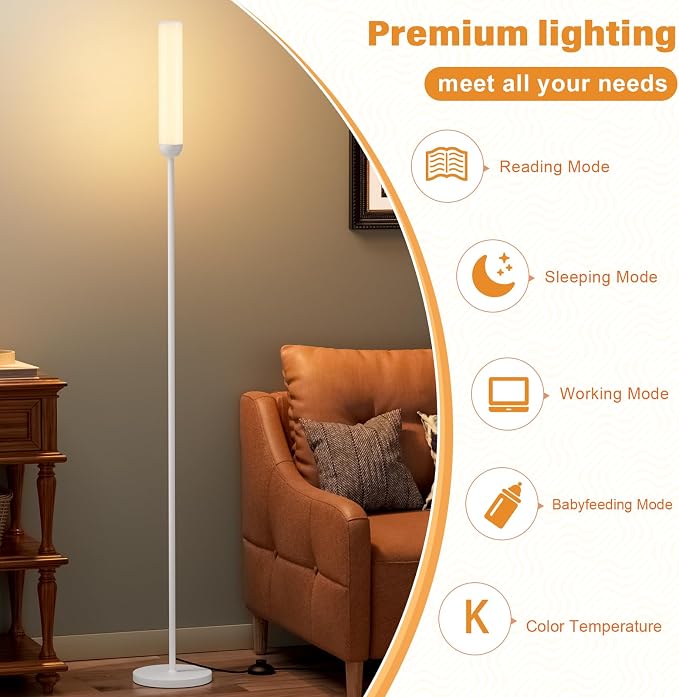 Ambimall LED Floor Lamp with Remote Control, 65" Standing lamp with Stepless Adjustable 3000K-6500K Colors & 30-100% Brightness, Foot Switch(White)