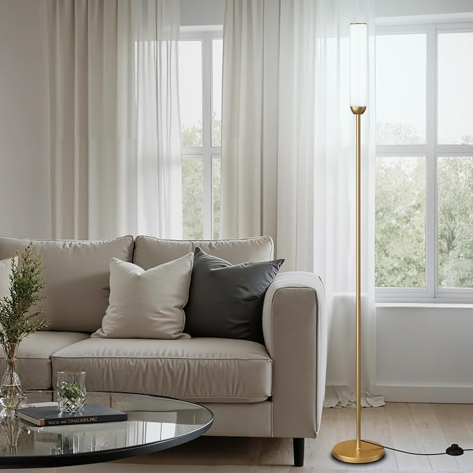 Ambimall LED Floor Lamp with Remote Control, 65" Standing lamp with Stepless Adjustable 3000K-6500K Colors & 30-100% Brightness, Foot Switch(Gold)