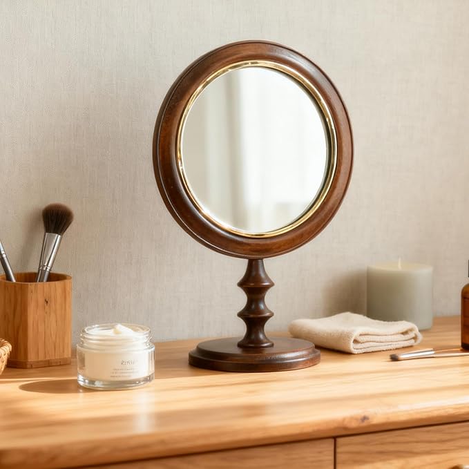 Vintage Makeup Mirror for Tabletop, 100% Solid Wood Frame Table Vanity Mirror with Stand for Vanity Table, Desk Mirror for Bedroom Living Room Retro Decor