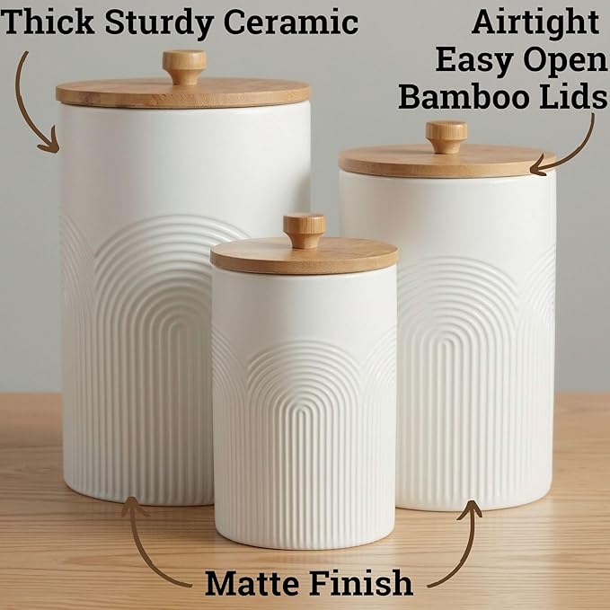 Ceramic Kitchen Canisters for Countertop Set of 3 with Airtight Bamboo Lids - White Kitchen Canisters with Airtight Lids - Flour Sugar Canister Set - Flour and Sugar Containers Farmhouse - Coffee Jar
