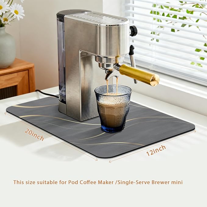 Coffee Mat 19x12 Inch, Irregular Black Streamline Coffee Pot Mat, Absorbent Hide Stain Rubber Backed Dish Drying Mat for Kitchen Counter, Bar Mat for Countertops,Under Coffee Machine Espresso Staion
