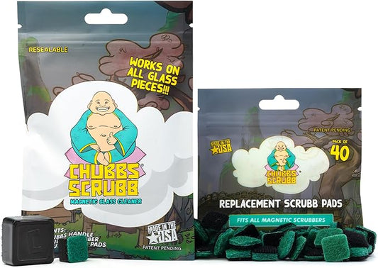 Chubbs Scrubb Magnetic Glass Cleaner with 40-Pack Replacement Scrubb Pads Bundle - Mini Magnetic Scrubber Kit That Removes Tough, Built-Up Stains From Glass, Ceramic & Metal
