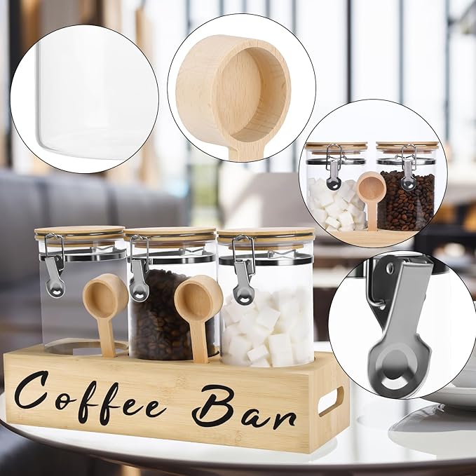 3 x 54 oz Glass Coffee Bean Storage Container with Shelf 3PCS Glass Containers with Airtight Locking Clamp Lid Spoons Coffee Canister Set Jars for Kitchen Food Storage Tea Sugar Wood