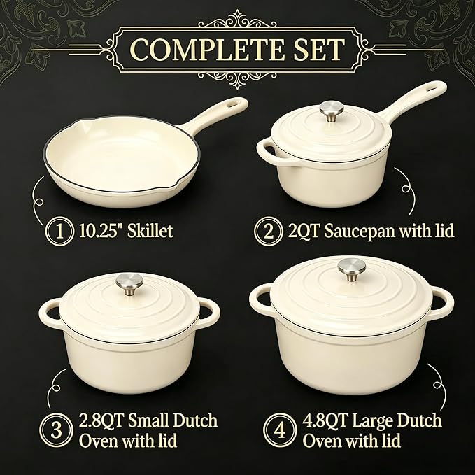 QuliMetal Enameled Cast Iron Cookware Set, 4-Piece Pots and Pans Set with Lids, 10.25" Skillet, 2QT Saucepan, 2.8QT & 4.8QT Dutch Ovens, Oven Safe to 500°F, All Stovetops Compatible - Cream White