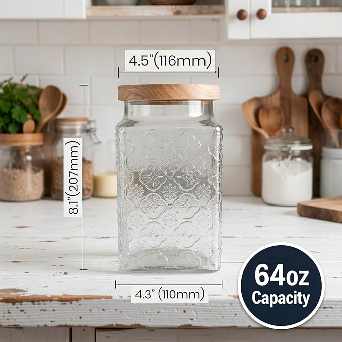 eBun 2 Pack 2 Quart (64 oz) Airtight Brown Sugar Container Set, Vintage Style Glass Jars with Wooden Lids & Tray, Half Gallon Kitchen Canisters for Flour, Coffee, Tea, Pantry Storage