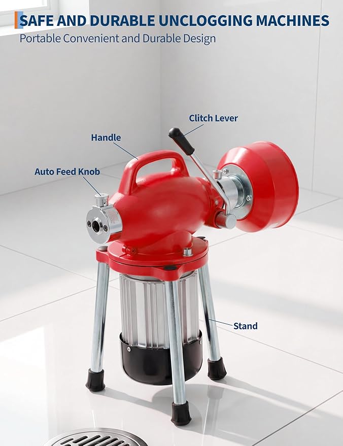 GarveeLife Electric Sewer Snake Drain Auger, Drain Cleaner Machine with 66FT x 5/8" & 16FT x 3/8" Steel Cables, 7 Cutters, 500w Power Auto Feed Pipe Snake for 3/4" to 4" Pipes for Sink Toilet Drainage