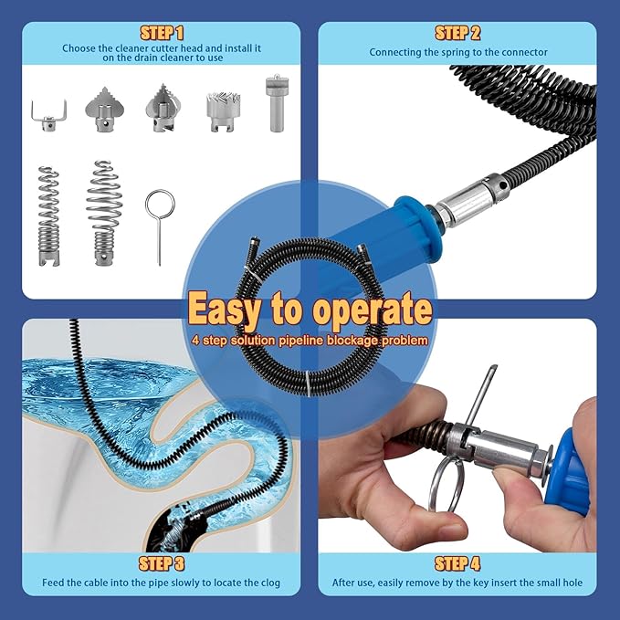 Drain Snake, Drain Auger with Drill Attachment, 16.4 Feet By 12 MM Plumbing Snake Auto Feed Flexible Hair Drain Clog Remover for Kitchen, Bathrom and Shower Sink