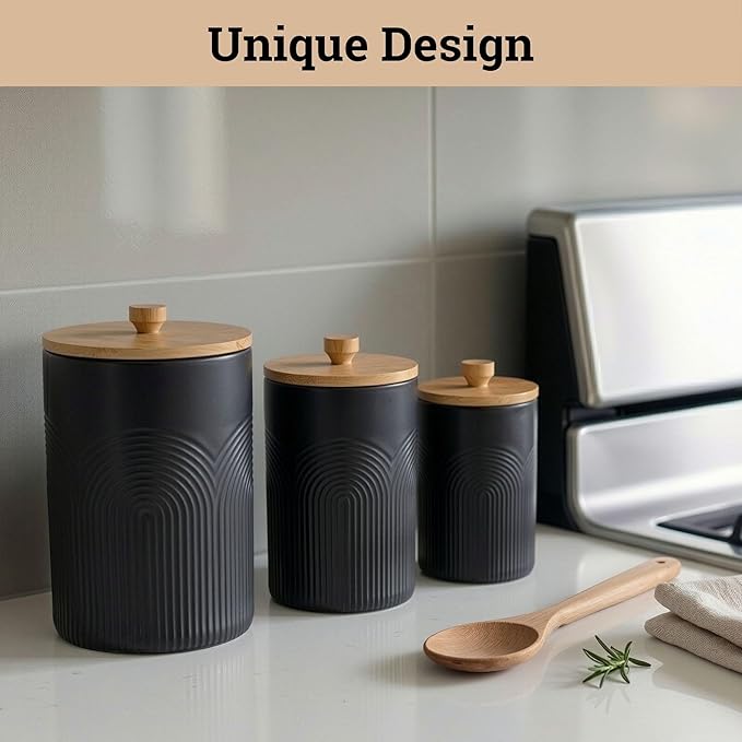 Ceramic Kitchen Canisters for Countertop Set of 3 with Airtight Bamboo Lids - Black Kitchen Canisters with Airtight Lids - Flour Sugar Canister Set - Flour and Sugar Containers Farmhouse - Coffee Jar