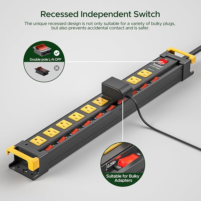 10 Outlet Heavy Duty Metal Power Strip with Individual Switches,3300J Surge Protector,1.7 Inch Wide Spacing for Large Adapters,6Ft Cord Managment for School,Garage,Workbench,ETL Listed(15A/1875W)