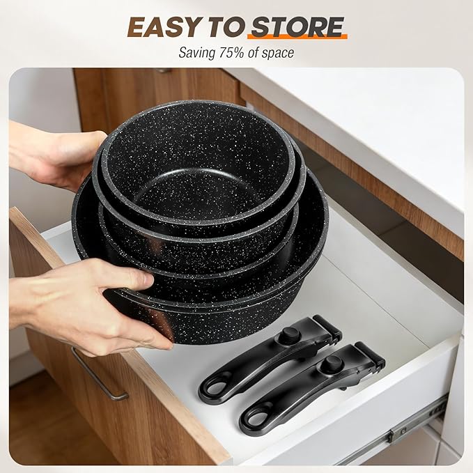 pots and Pans Set, Nonstick Cookware Set Detachable Handle, Induction Kitchen Cookware Sets with Removable Handle, Non Stick RV Cookware Set, Dishwasher ＆ Oven Safe (9 PCS)