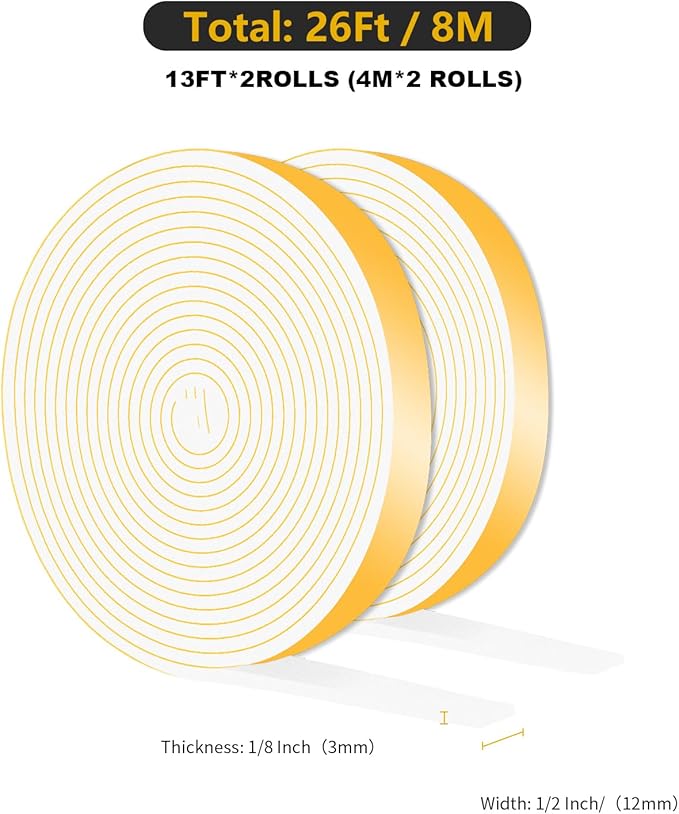 Weather Stripping Door Seal Strip,Weather Stripping,Door Seal Strip for Door Frame,Window(White,1/2 in x 1/8 in x 26Ft)