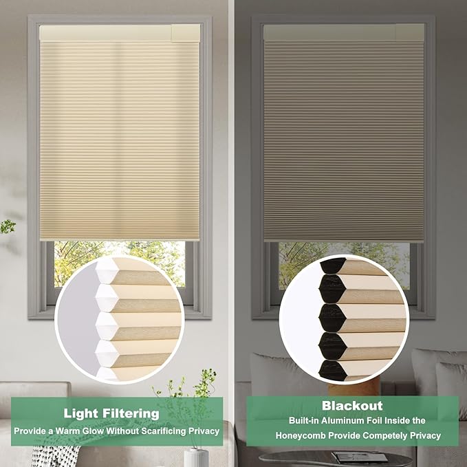 Tonature No Drill Cellular Shades for Indoor Windows, Thermal Insulating & Noise Reducing Honeycomb Blinds, Free Stop Cordless Light Filtering Shades, Beige,39 1/2" W x 64" H