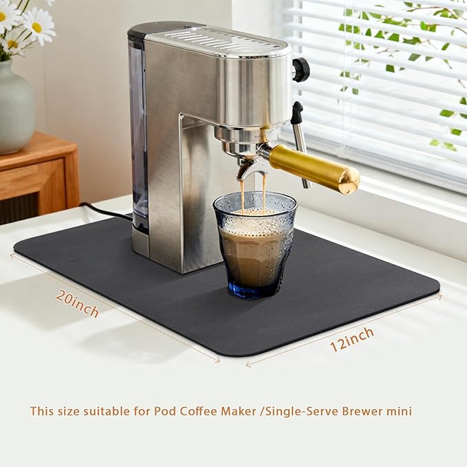 Coffee Mat 19x12 Inch, Black Coffee Machine Mat, Absorbent Hide Stain Rubber Backed Dish Drying Mat for Kitchen Counter, Bar Mats for Countertops, under Coffee Maker Pot Espresso Station