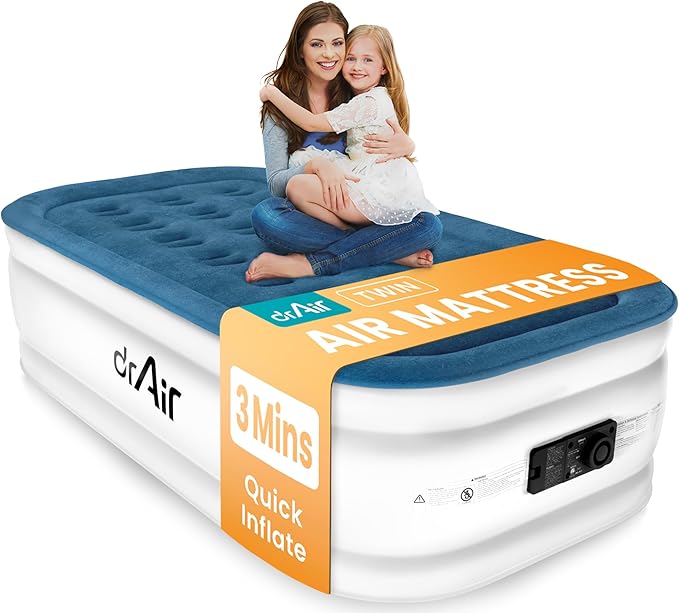 Dr. air Twin Air Mattress with Built-in Pump, 18" Raised Blow Up Mattress, 500 lbs Max Honeycomb Air Bed, 48Hr Leak-Proof Test, 3min Inflatable Mattress for Home, Guests, Camping, Colchones inflables