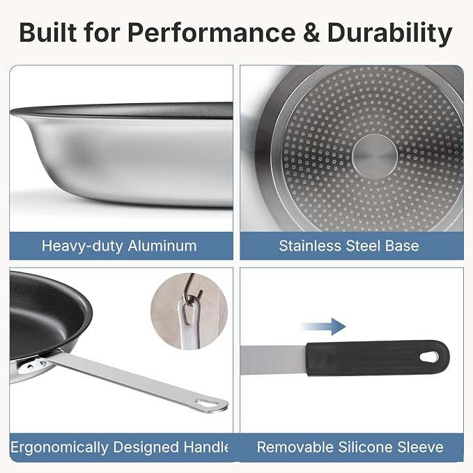 DUMOS 10 Inch Nonstick Frying Pan, Heavy-Gauge Aluminum Skillet with Ceramic Nonstick Coating & Stainless Steel Base, Omelet Pan for Induction, Electric, Gas, PFAS Free, Oven Safe, Black Handle