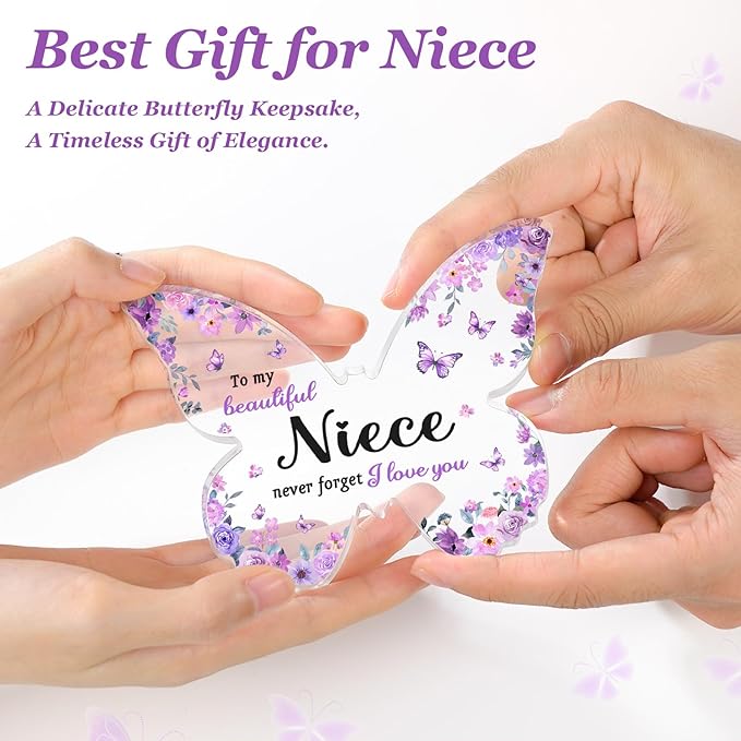 Niece Gifts from Auntie Aunt Uncle - Unique Purple Butterfly Acrylic Plaque Desk Decor - Mothers Day Christmas Valentines Day Graduation Gift for Niece - 5 x 3.8 x 0.5 inches