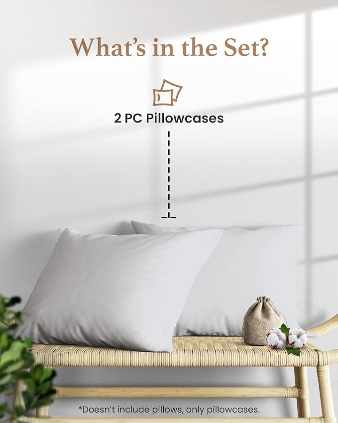 1000 TC Light Gray Standard Pillowcases Set of 2 100% Egyptian Cotton Pillow Cases with Long Staple Cotton & Sateen Weave, Silky Soft Hotel - Like Bed Pillow Covers for Comfy Sleeping, Snug Fit