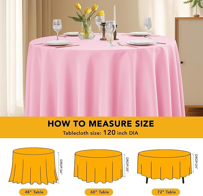 6-Pack Pink Round Tablecloths, 120 Inches, Stain-Resistant Polyester for 5-6 Ft Round Tables - Washable Table Covers for Weddings, Banquets, Birthday Parties, Events