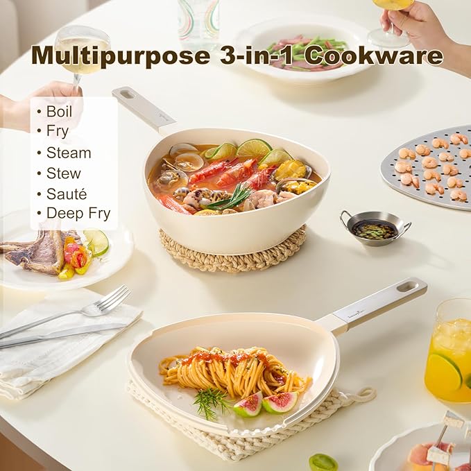 2QT Nonstick Saucepan with Skillet Lid & Steamer, 3-in-1 Multipurpose Ceramic Sauce Pan for all cooking needs, Built-in Strainers, Fits All Stovetops & Dishwasher Safe