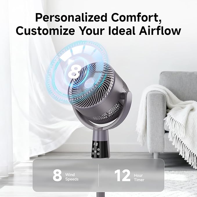Oscillating Pedestal Fan, Ultra-Quiet 25dB Standing Fan with 8 Speeds, 12H Timer, 36-45'' Adjustable Height Air Circulator for Whole Room, Living Room, Office and Bedroom, Remote Control