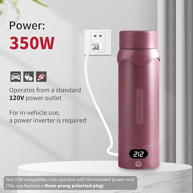 Insulated Stainless Steel Travel Electric Kettle Small, Smart Water Bottle with 4 temperature control, Leak-Proof, Mini Travel Essentials Portable Office Gifts for Tea Lovers, Black Cherry