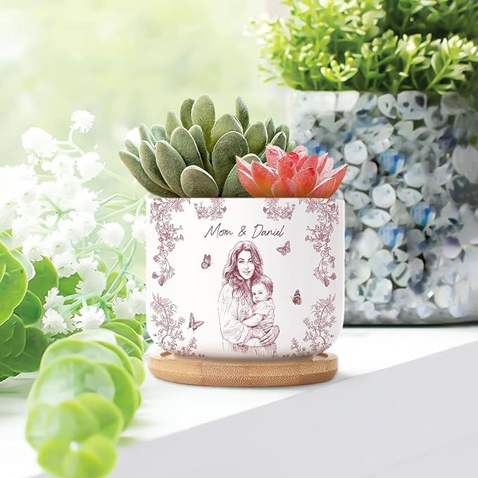 Personalized Mom Photo Plant Pot, Custom Toile De Jouy Mother Day Portrait Planter, Mom Gift, Gifts from Daughter, Grandma Gifts