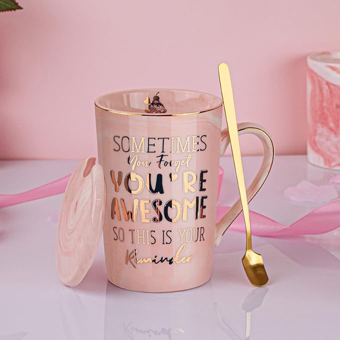 Birthday Thank You Gifts for Women, Sometimes You Forget You're Awesome Coffee Mug, Inspirational Christmas Gift for Her, Boss Lady Employee Coworker, 14oz Pink Marble Gold Print Cup, Nice Gift Boxed