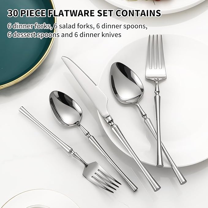 Lazycorner 30 Pcs Silverware Set Flatware Set 18/10 Stainless Steel Utensils Forks and Spoons Mirror Finish Cutlery Set for Restaurant Hotel Party Dishwasher Safe