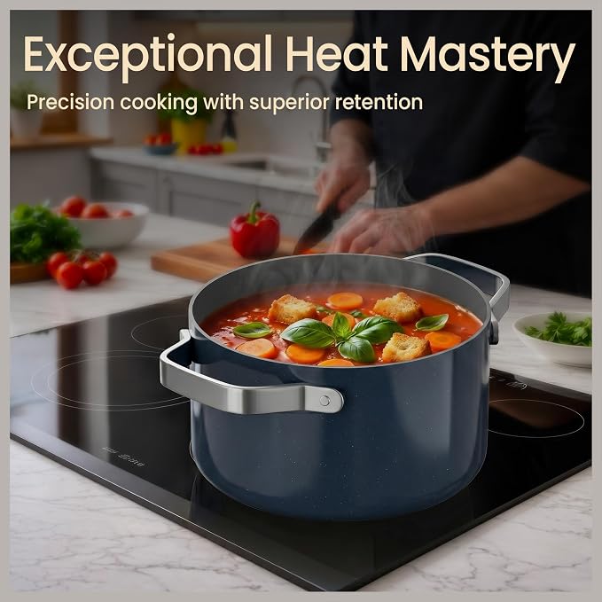 Bakken 5 Quart Ceramic Coated Stock Pot with Lid, Easy to Clean Nonstick Pot, Tempered Glass Lid, Riveted Stainless Steel Handles, Oven Safe Up To 500°F, PTFE & PFAS Free, All Stove Compatible, Blue