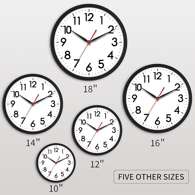 AKCISOT 18 Inch Wall Clock, Battery Operated Analog Clock, Silent Non-Ticking, Ideal for Bedroom, Bathroom, Kitchen, Office and School, Black
