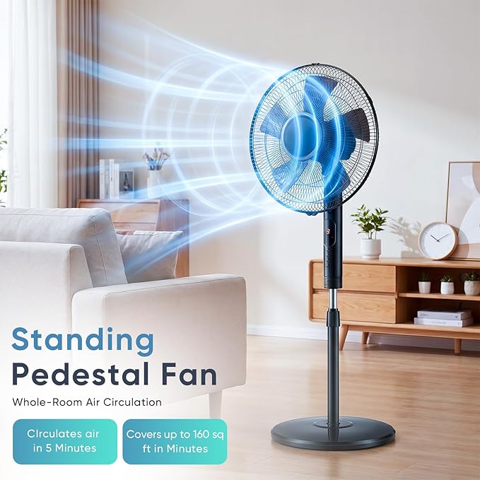 NEWBULIG 17" Pedestal Fan with Remote, 15H Auto Timer, Quiet Standing Fan for Bedroom, Living Room & Office, 3 Speeds, 3 Modes, Adjustable Height & 80° Oscillation