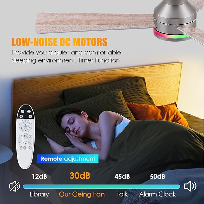 Asyko 46" Silver RGB Ceiling Fans Light,Low Profile Ceiling Fans with Lights and Remote,Modern Flush Mount Ceiling Fan Light with Quiet Reversible DC Motor for Bedroom Kids Room,Party