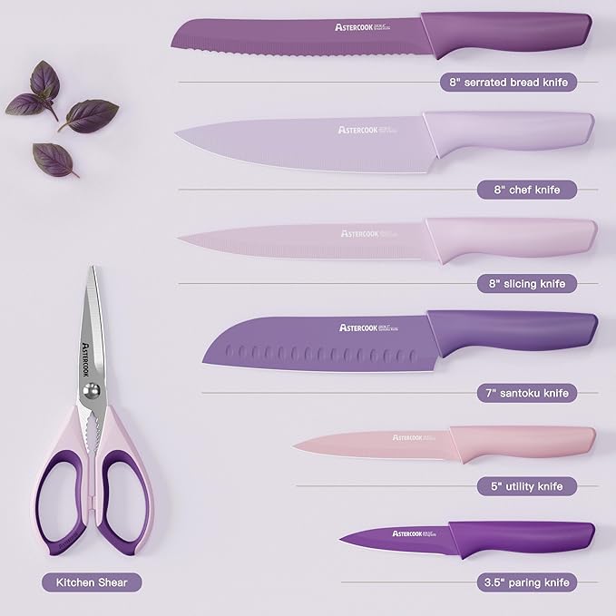 Astercook Knife Set, 13 Pieces Kitchen Knives Set with Healthy Anti-Rust Coating, Dishwasher Safe, Stainless Steel Chef Knife Sets with 6 Blade Guards, Perfect Mothers Day Gifts for Kitchen Purple