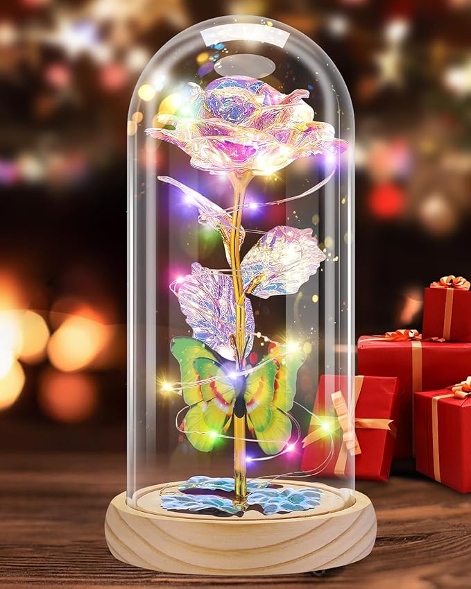 Otlonpe Preserved Forever Mothers Day Flower Gifts for Mom, Glass Rose Wood Base Colorful Light Butterfly Gifts for Women Grandma Girlfriend Wife Her, Valentines Mothers Day Christmas Birthday
